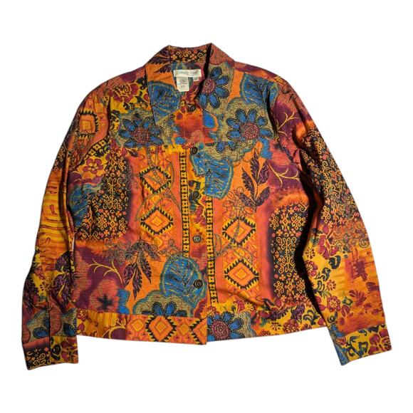 Vtg Y2K Coldwater Creek Orange Blue Tribal Floral Print Embroidered jacket P M - Picture 1 of 5
